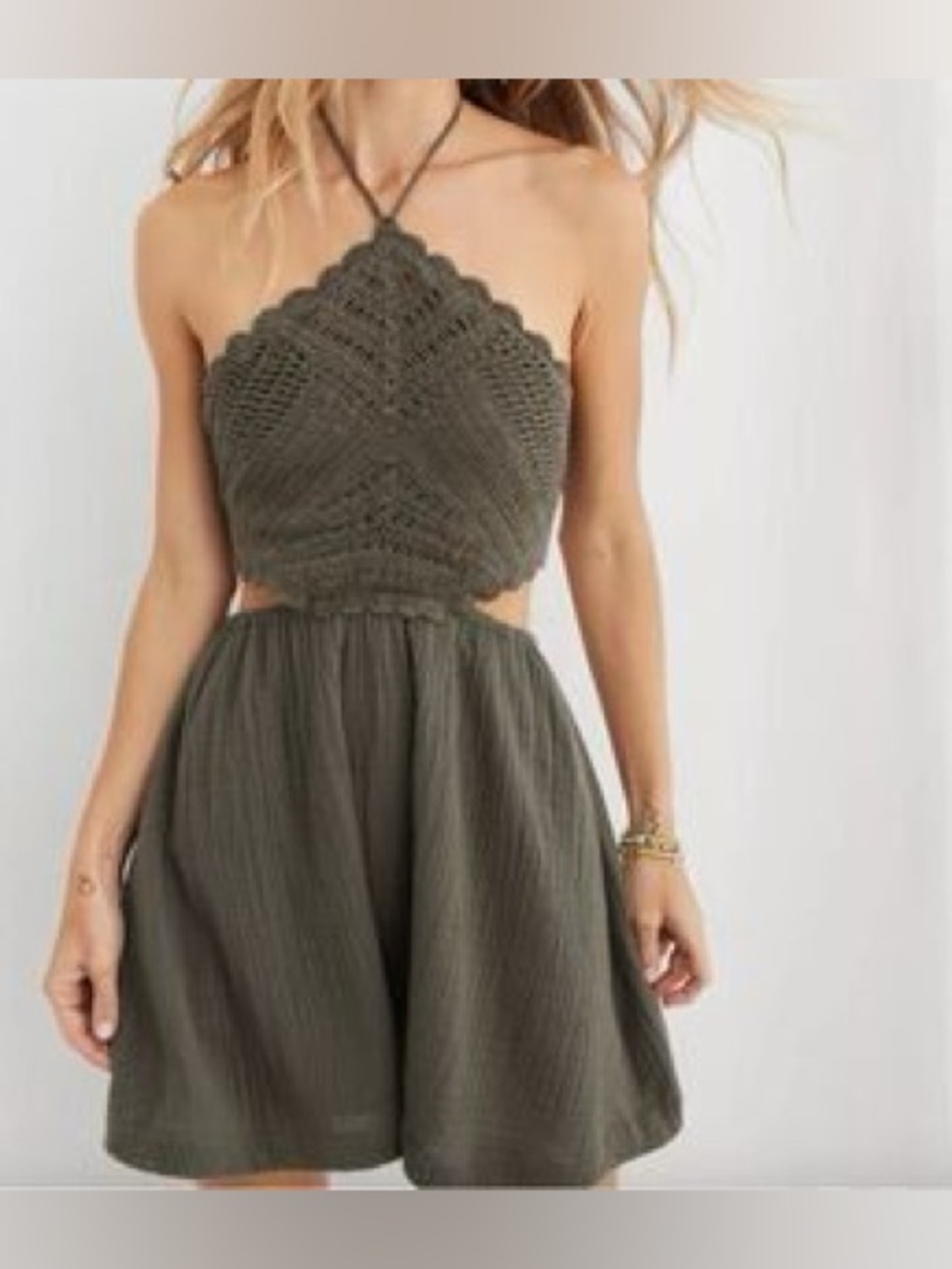 Aerie Crochet Halter Mini Dress Olive Green Boho Pool-to-Party Size Large